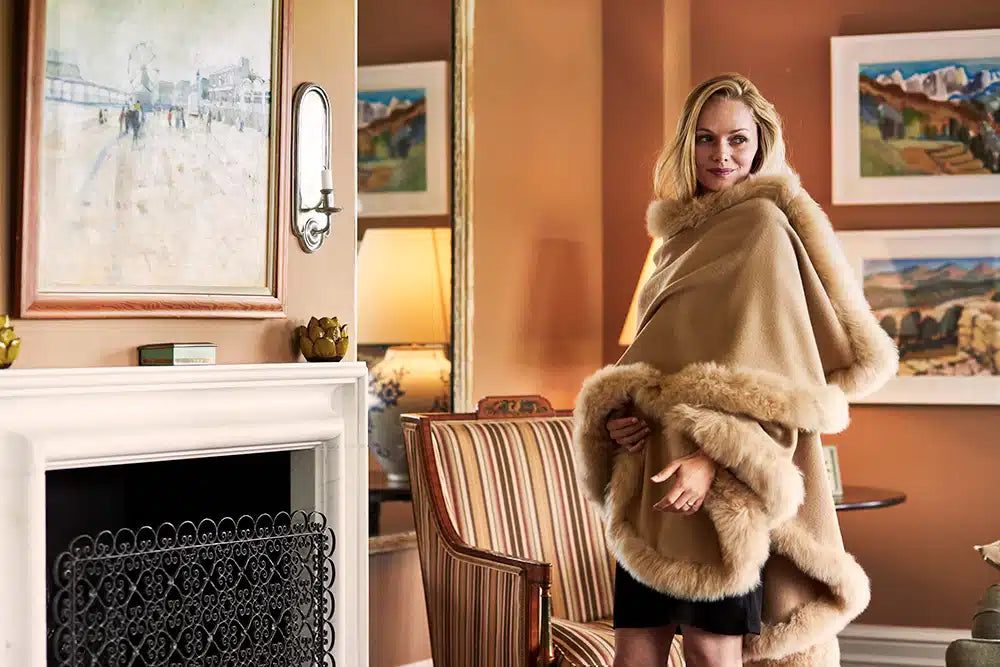 Annabelle Fur Trimmed Alpaca Cape - Lacorine Luxury Sustainable Alpaca