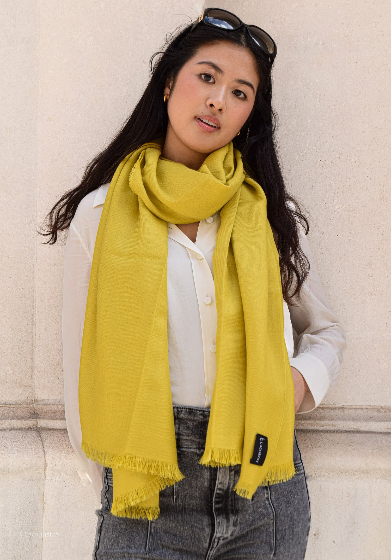 Yellow pashmina scarf with frayed edges