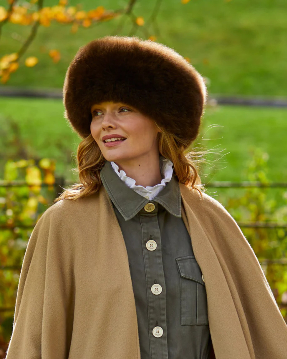 Close-up of Lacorine Sumac luxury alpaca fur hat and headband in chocolate brown, showcasing soft alpaca fibers and stylish design.