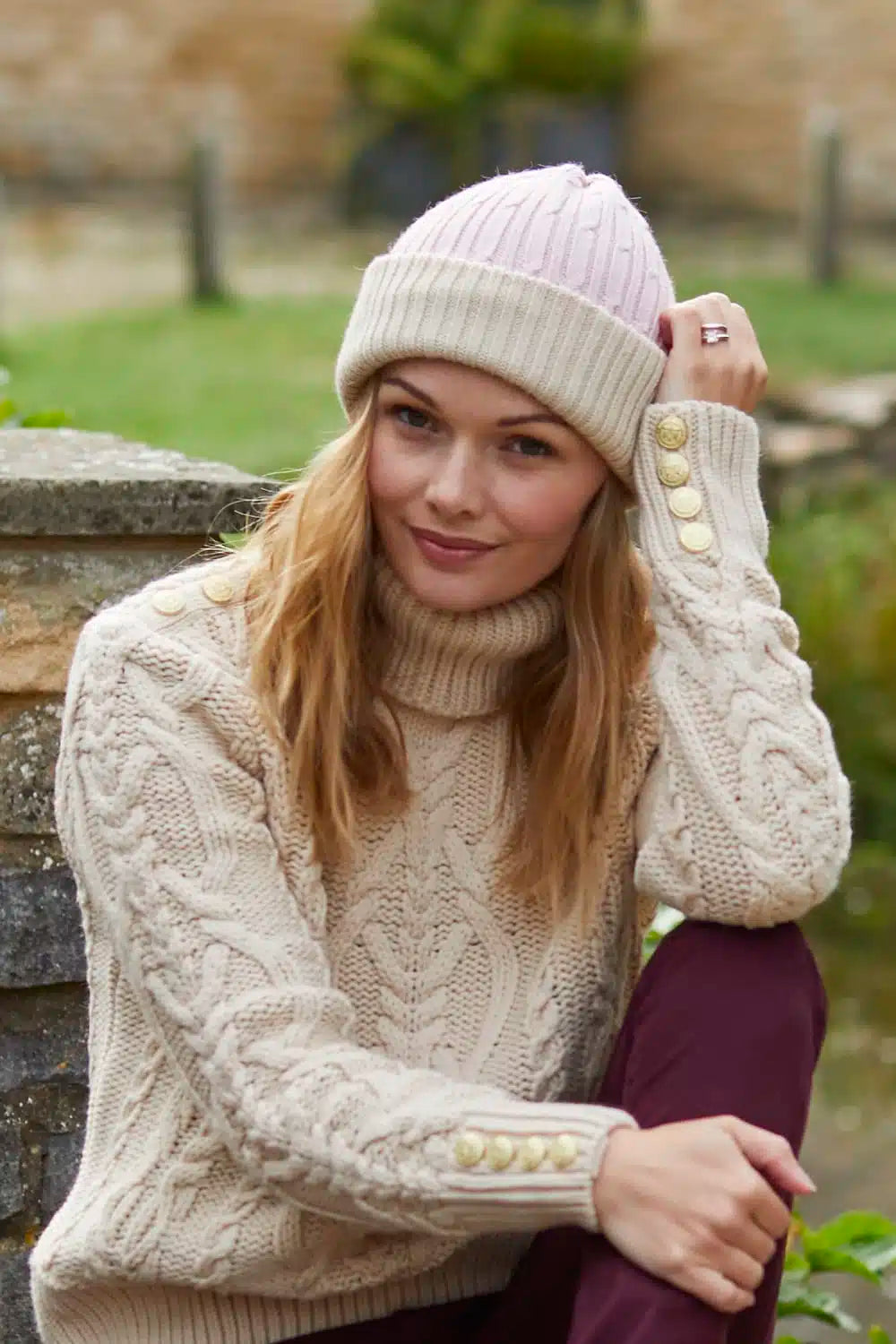 Baby pink and beige alpaca wool beanie hat and headband by Lacorine, soft and cozy for cold weather.
