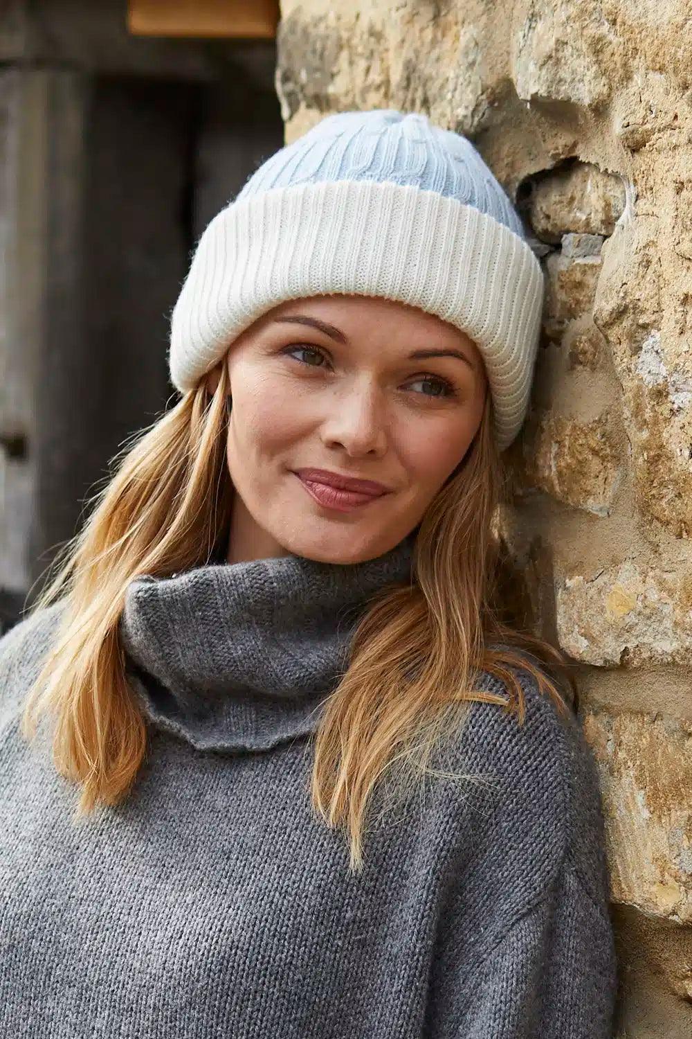 Winter-white alpaca wool beanie and headband set by Lacorine, soft, cozy, and stylish for cold weather.