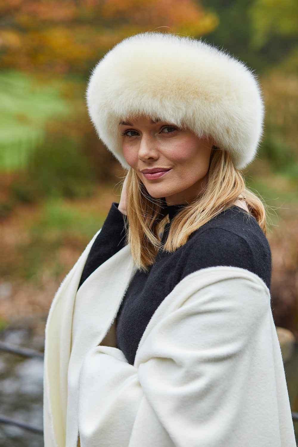 Lacorine luxury alpaca fur headband featuring soft, warm alpaca wool with a plush fur finish, ideal for cold weather accessories.