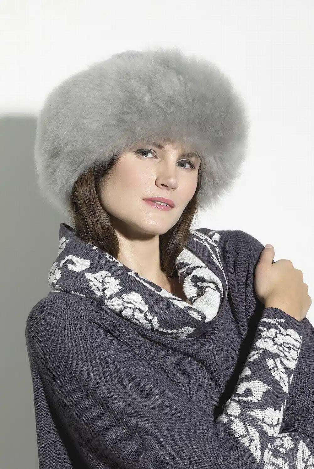 Luxury grey Qori alpaca fur hat and headband made from soft alpaca fiber, stylish and warm winter accessory by Lacorine.