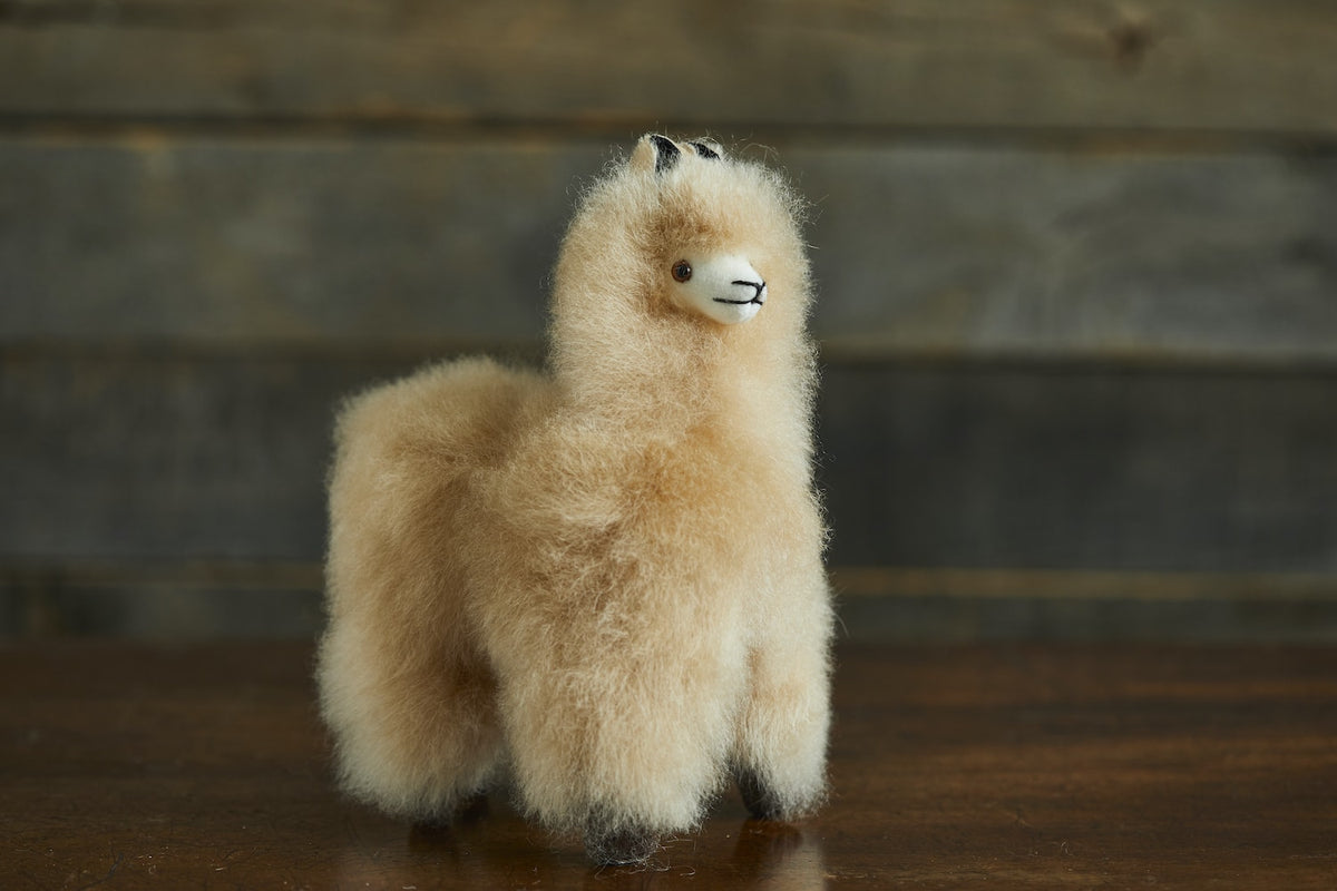 Lacorine mini Alpaca fur collectable in fudge variegated color, soft and plush decorative plush toy or keepsake.