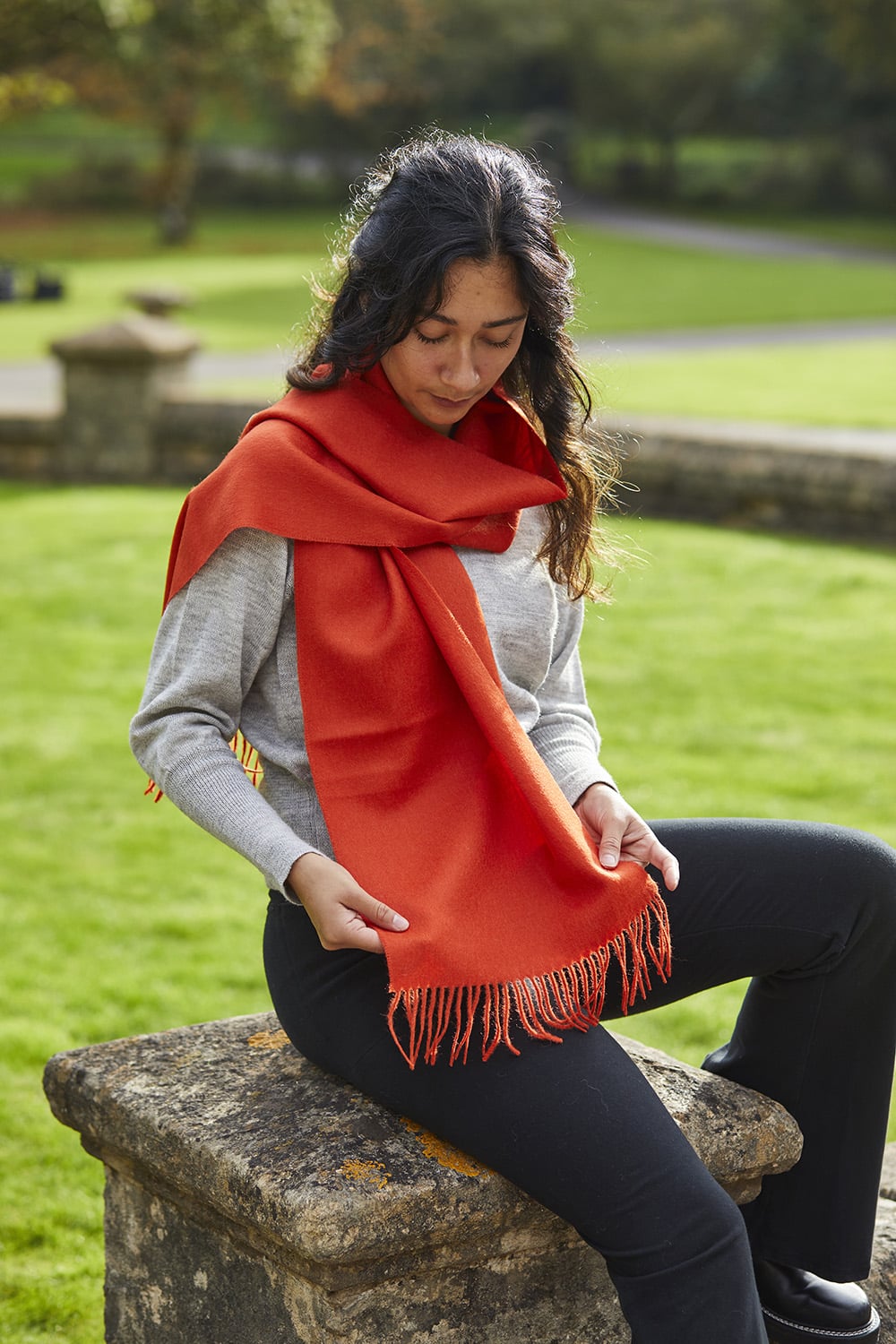 Lacorine fine alpaca knit scarf in soft, warm beige with a cozy, textured pattern, perfect for winter accessories.