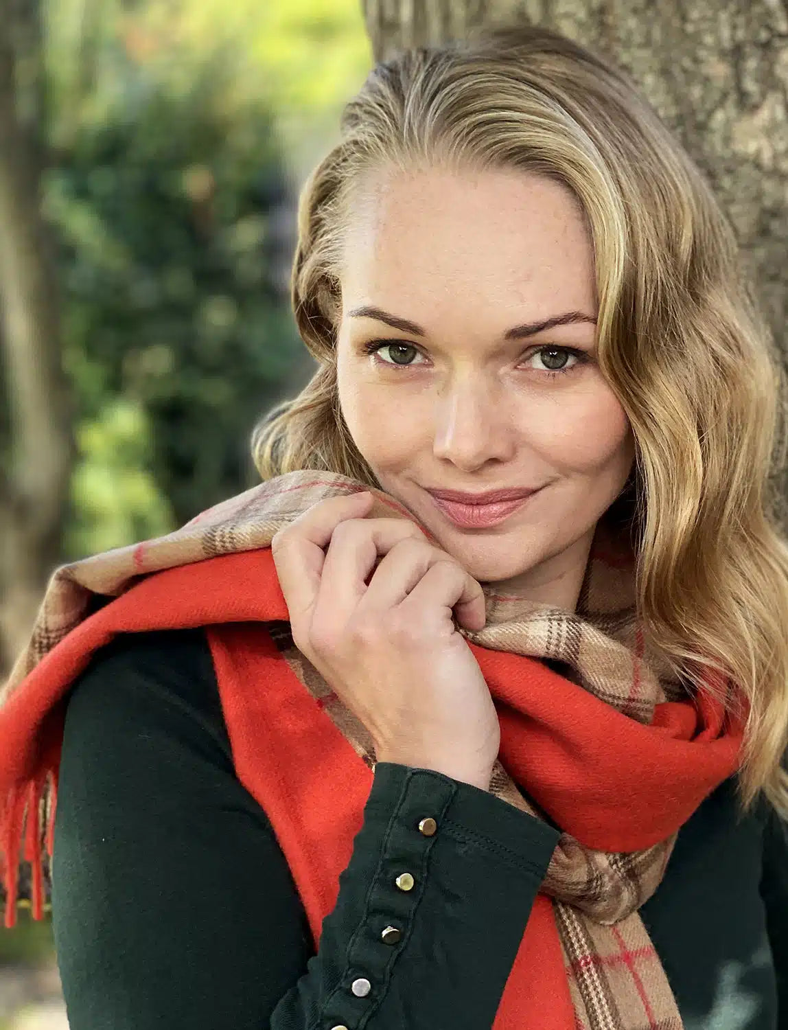 Orange and camel check alpaca wool scarf by Lacorine, showcasing soft, warm, and stylish fabric with a classic pattern.