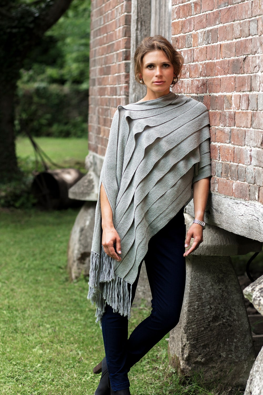 Lacorine Emperatriz luxury wool shawl in silver grey, draped to showcase soft texture and elegant design.