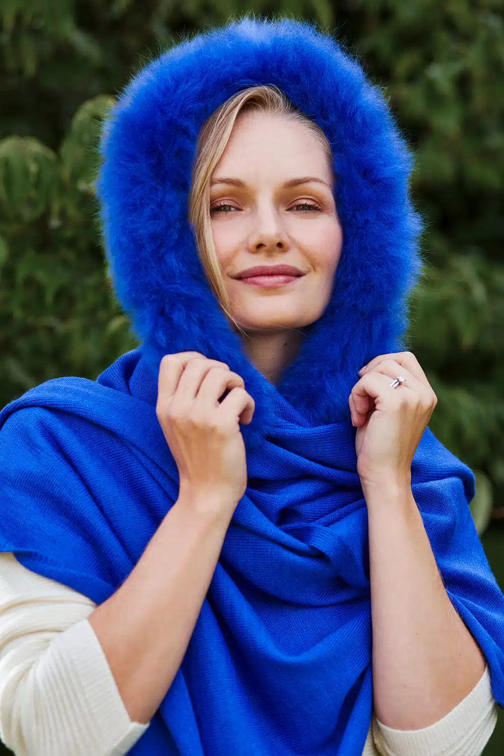Lacorine Elysée Wool Shawl in cobalt blue, draped to showcase its soft, warm fabric and elegant design.