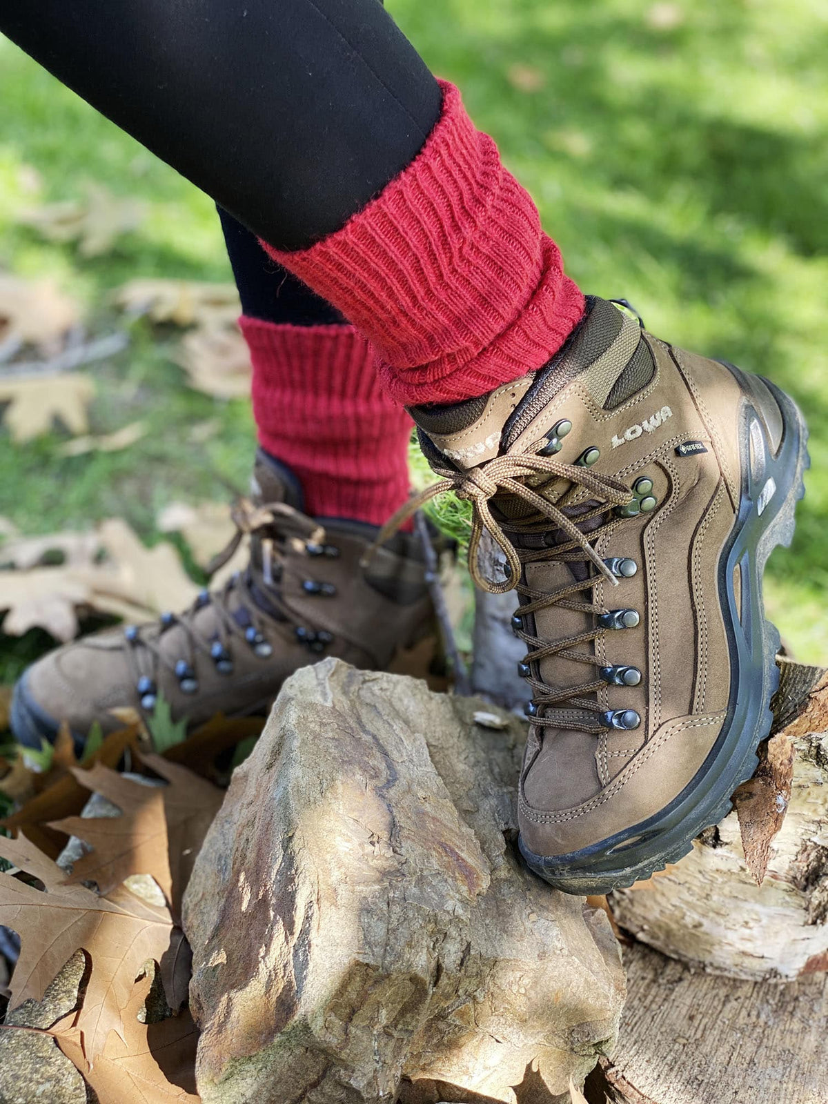 Lacorine alpaca wool hiking and trekking socks showing natural fiber texture and reinforced heel and toe for outdoor activity.