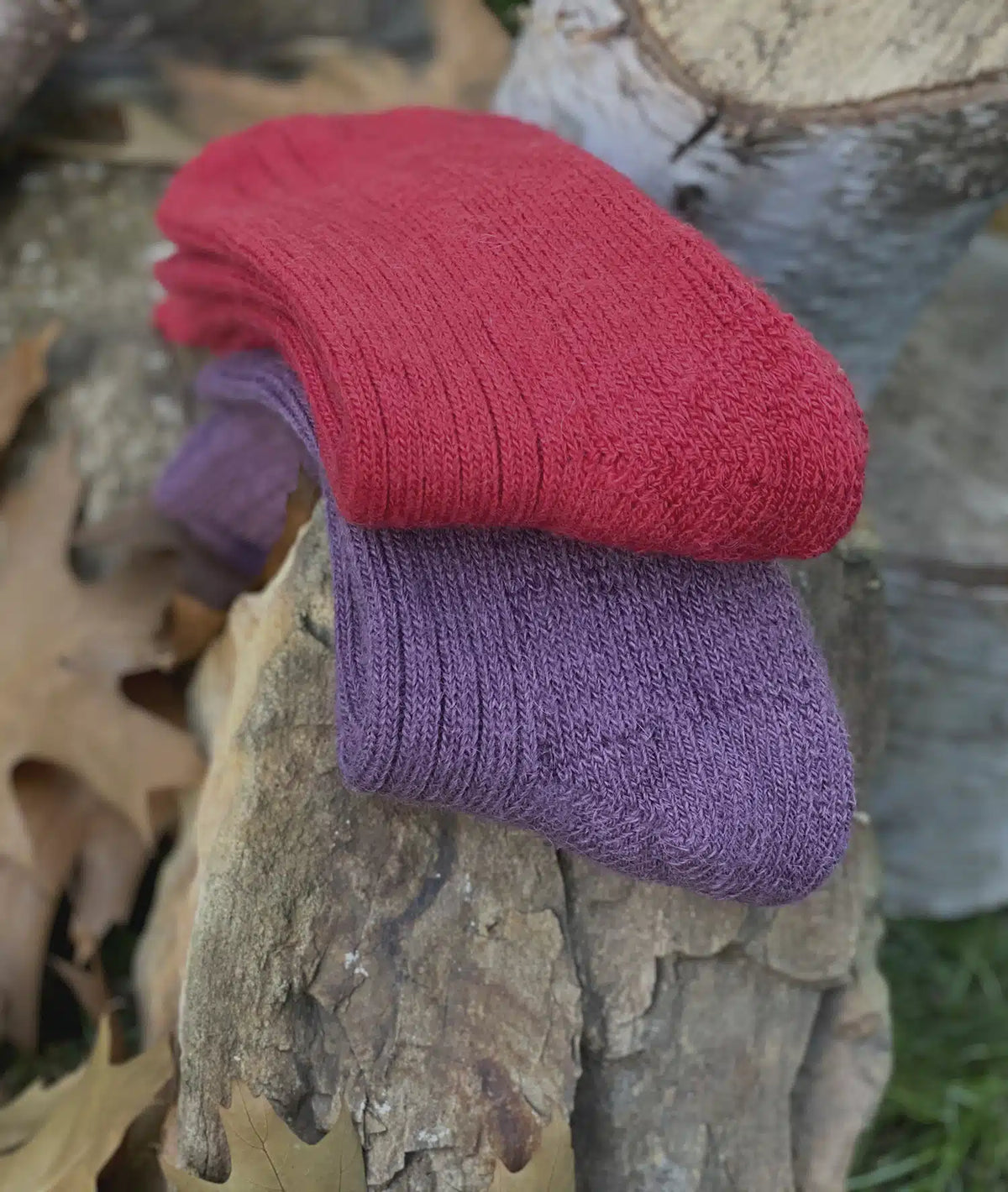 Pink and purple alpaca wool hiking and trekking socks by Lacorine, featuring cozy, breathable knit for outdoor adventures.