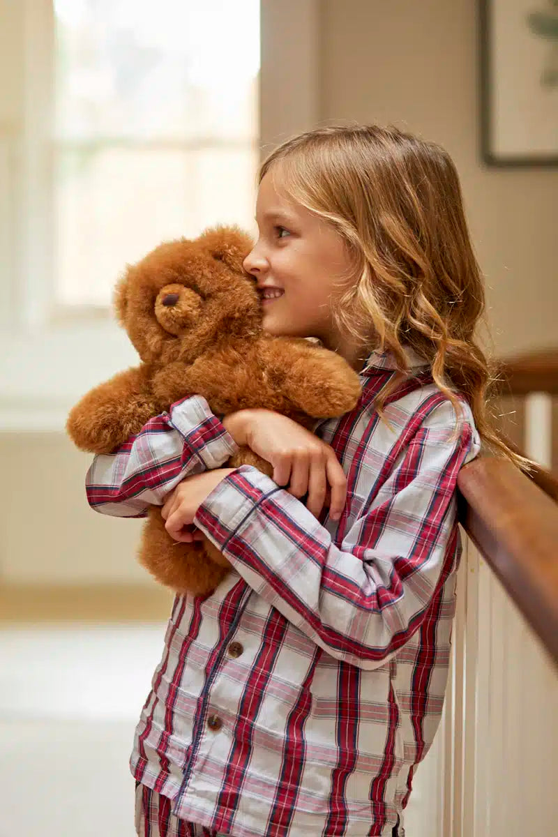 Lacorine Super Luxe Corinne alpaca fur teddy bear in brown with soft, natural fur and hypoallergenic plush texture.