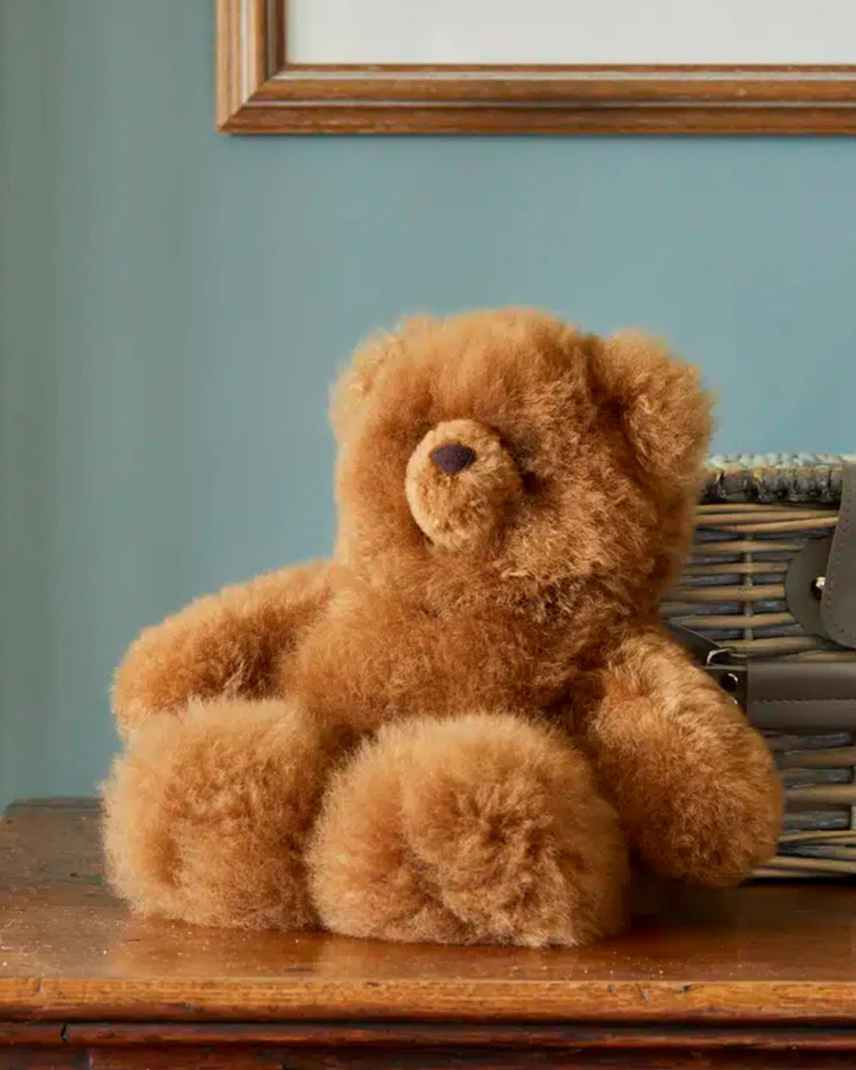 Lacorine Super Luxe Corinne teddy bear made from soft brown alpaca fur, plush and cuddly for cozy comfort.