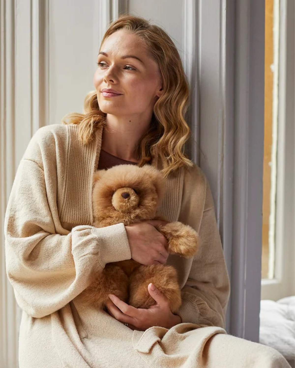 Lacorine Super Luxe Corinne alpaca fur teddy bear in rich cocoa brown, soft and plush stuffed animal for cuddling.
