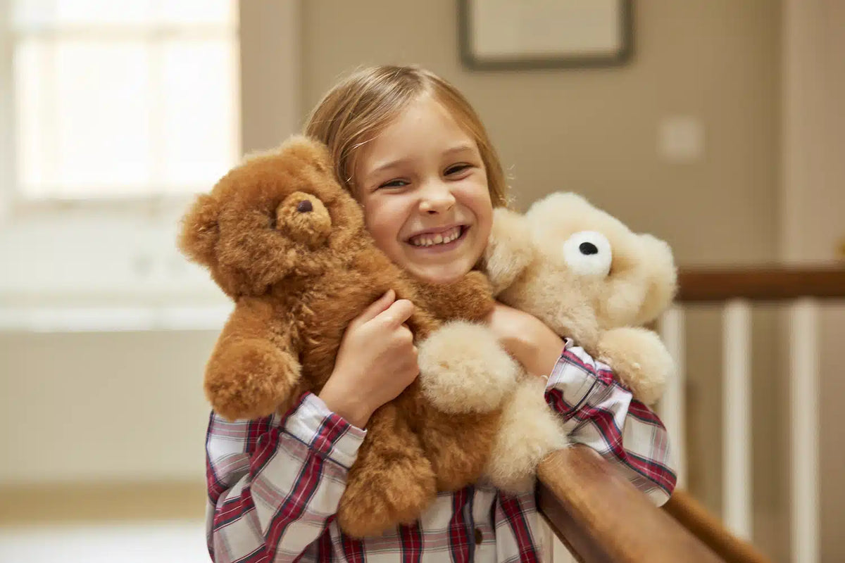 Luxury Charles Alpaca Fur Teddy Bear in Champagne color by Lacorine, soft plush toy for children, detailed and cuddly.
