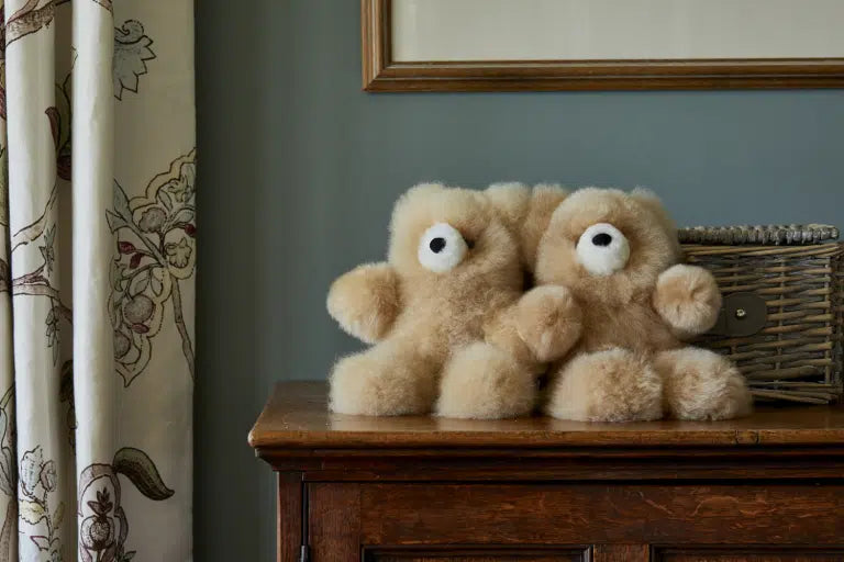 Lacorine Classic Charles alpaca fur teddy bear in champagne color, soft plush toy with detailed stitching and a gentle expression.