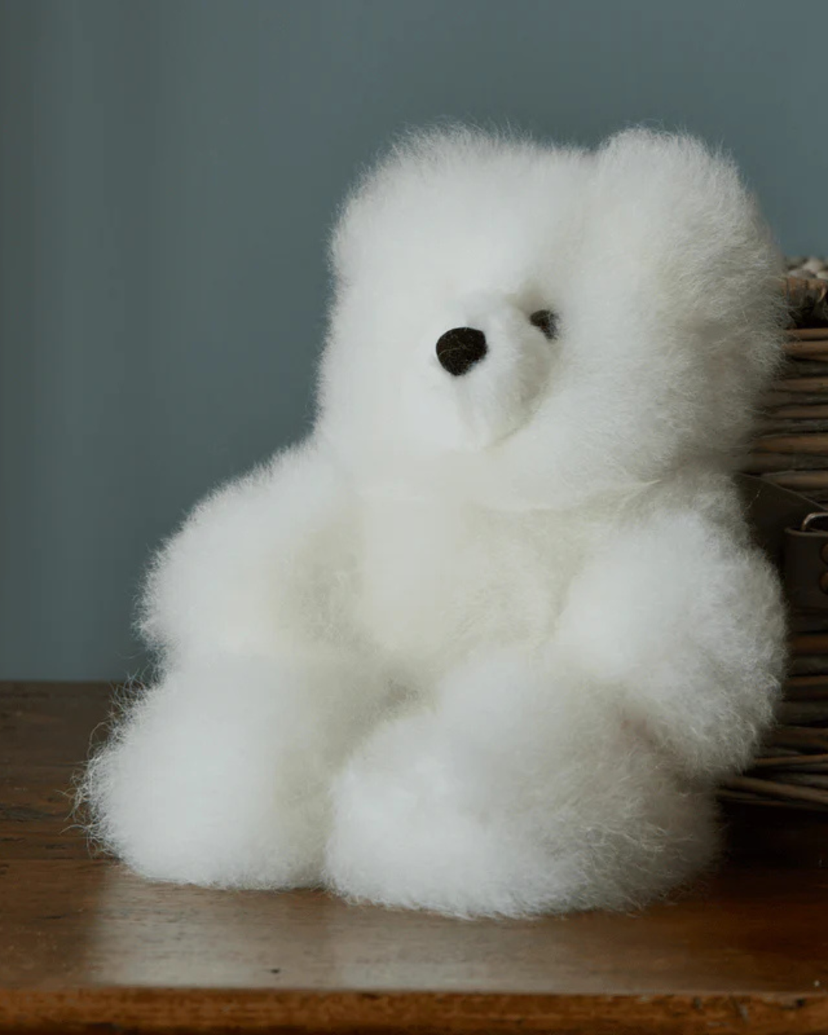 White Charles Alpaca Fur Teddy Bear by Lacorine, small plush toy with soft alpaca fur and detailed stitching.