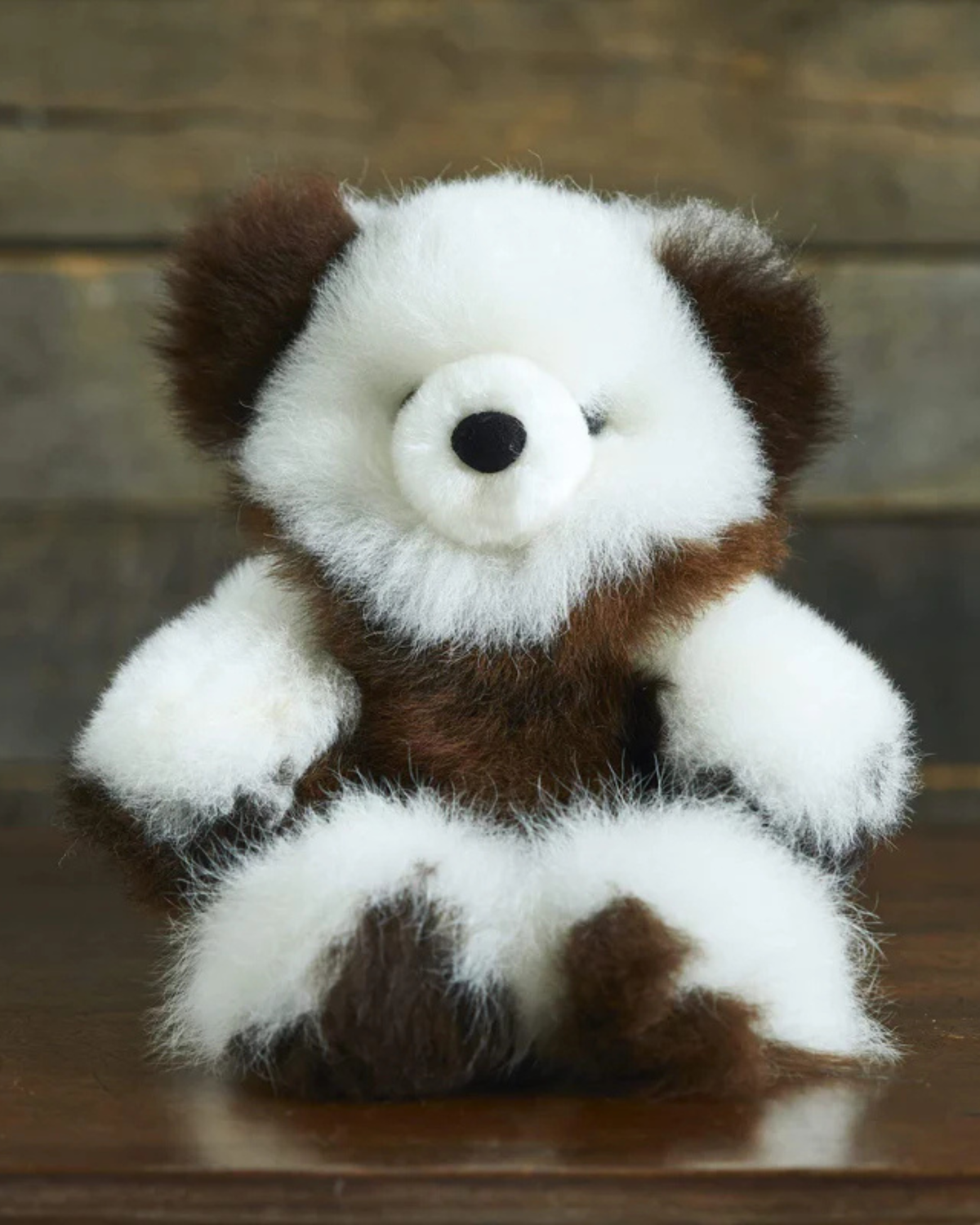 Mini variegated alpaca fur Teddy Bear by Lacorine, soft plush toy with classic design and colorful textured fur.