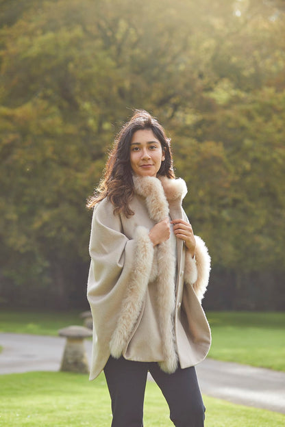 Lucia Fur Trimmed Alpaca Cape/Coat - Lacorine Luxury Sustainable Alpaca