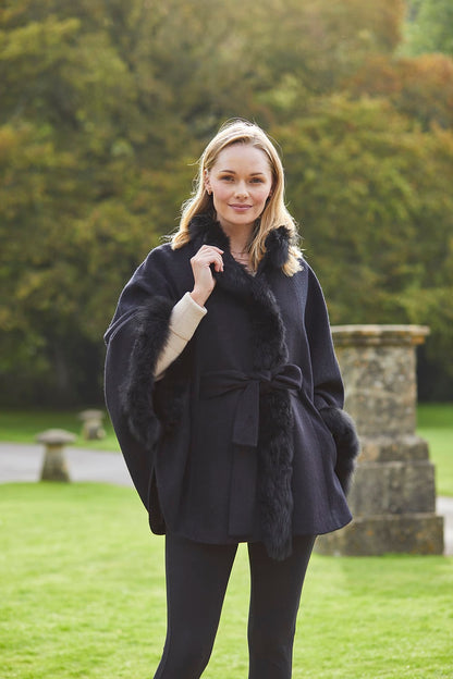 Lucia Fur Trimmed Alpaca Cape/Coat - Lacorine Luxury Sustainable Alpaca
