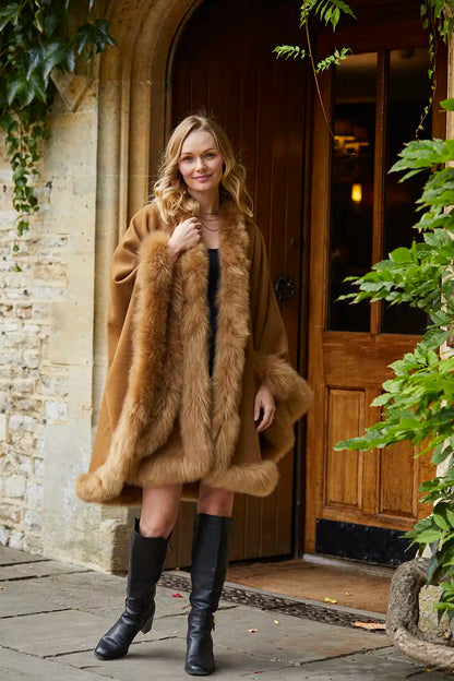 Annabelle Fur Trimmed Alpaca Cape - Lacorine Luxury Sustainable Alpaca