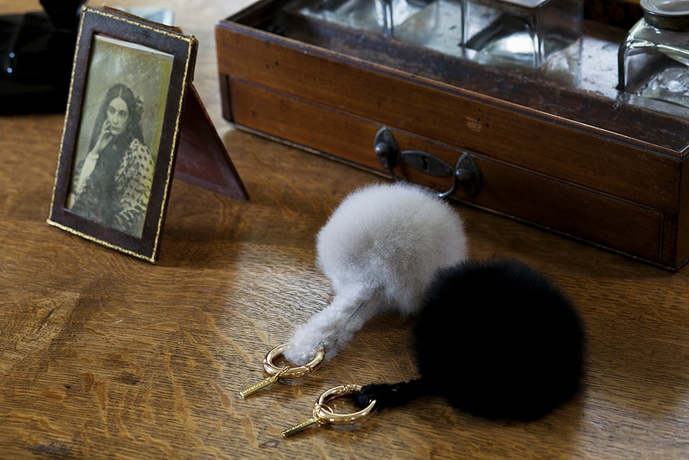 Lacorine alpaca fur pom pom keyring in mixed colors, soft accessory with fluffy texture and metal keyring attachment.