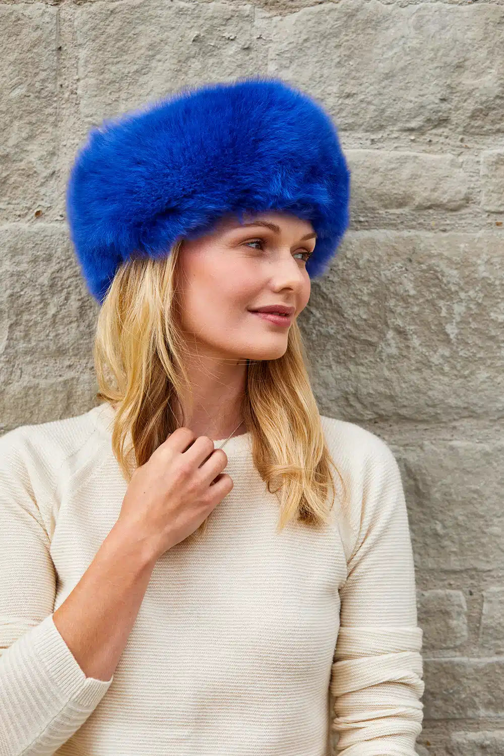 Cobalt blue Alpaca fur hat and headband by Lacorine featuring luxurious, soft alpaca fibers and stylish design.