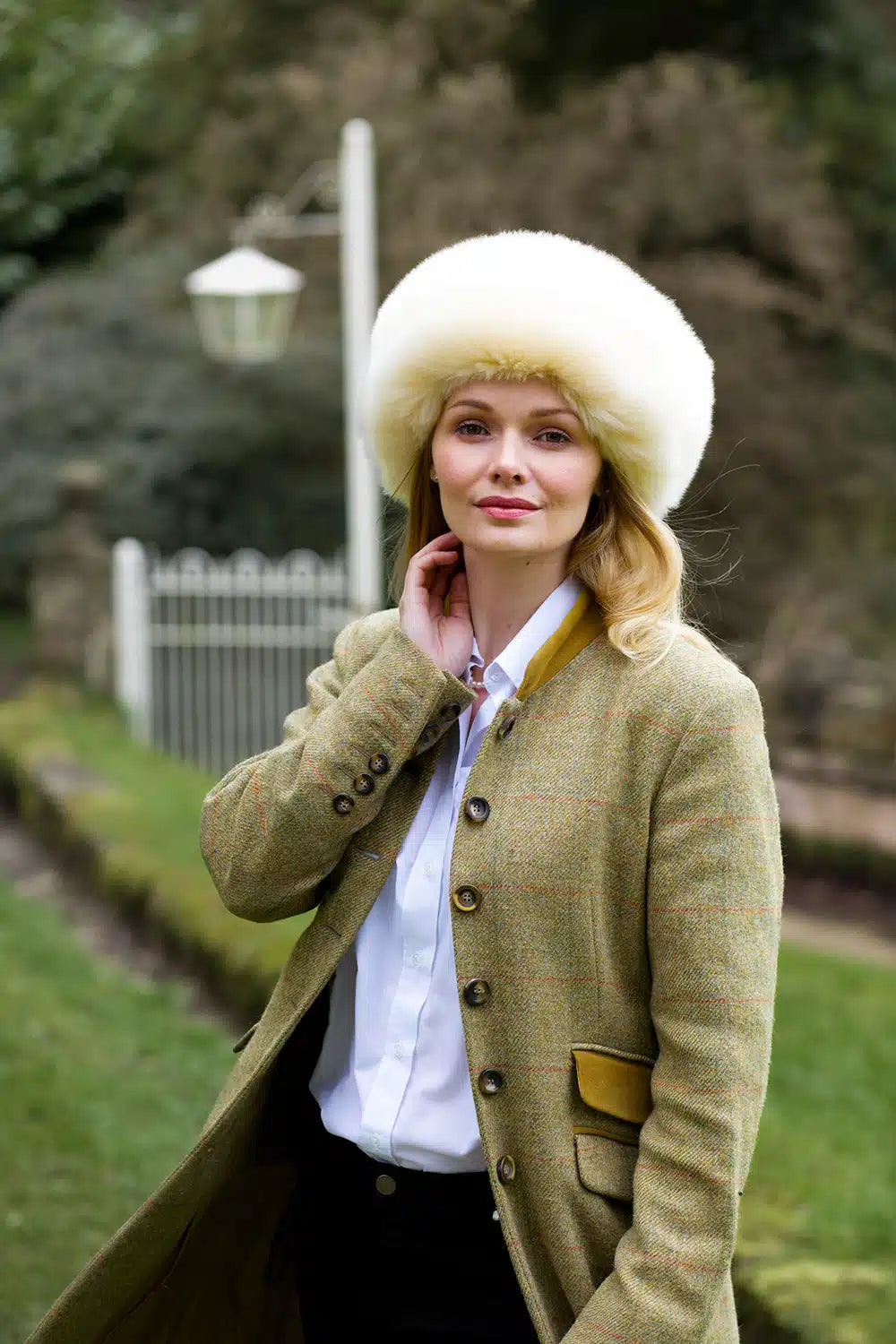 Lacorine Sumac luxury alpaca fur hat in champagne color with matching headband, showcasing soft, plush alpaca material and elegant design.