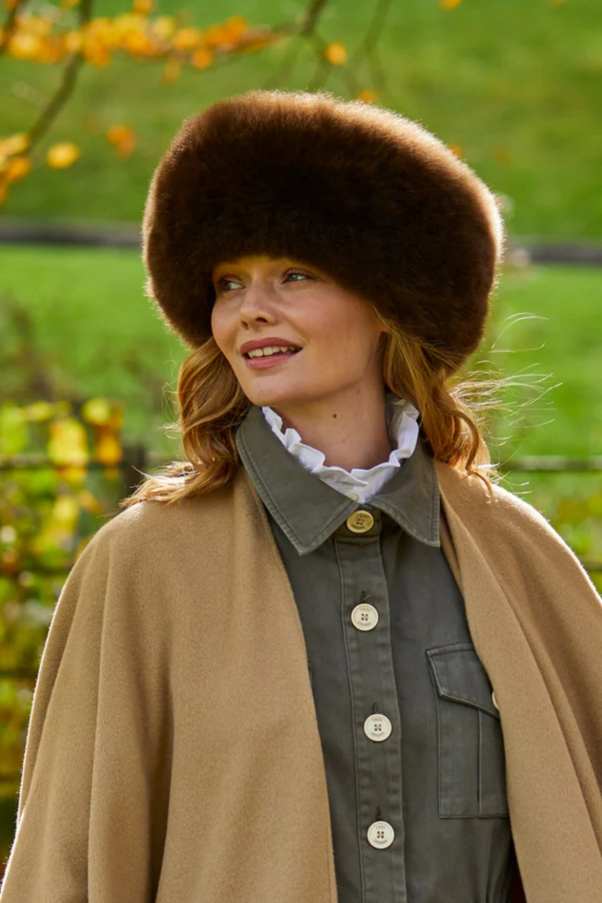 Close-up of Lacorine Sumac luxury alpaca fur hat and headband in chocolate brown, showcasing soft alpaca fibers and stylish design.