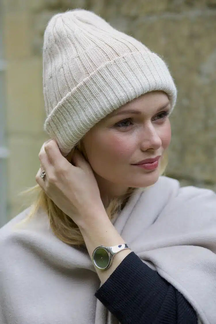 Two-tone women's alpaca wool beanie hat and headband by Lacorine, showcasing cozy, warm knit accessories for winter.