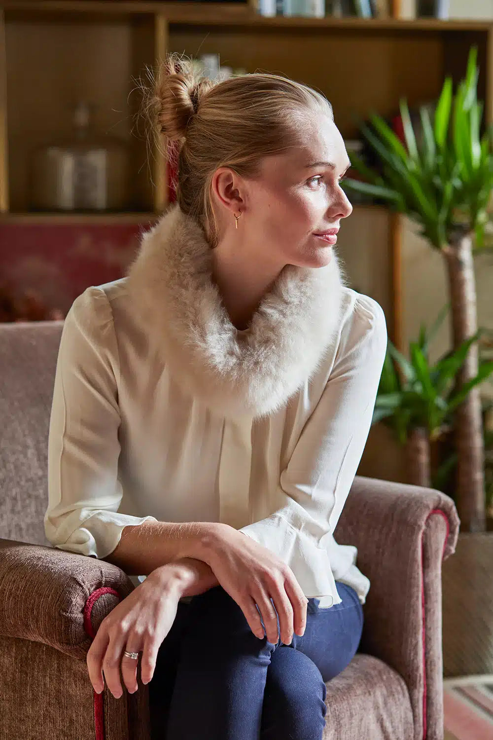 Taupe luxury alpaca fur headband by Lacorine, showcasing soft, plush alpaca material and stylish design for cold weather wear.
