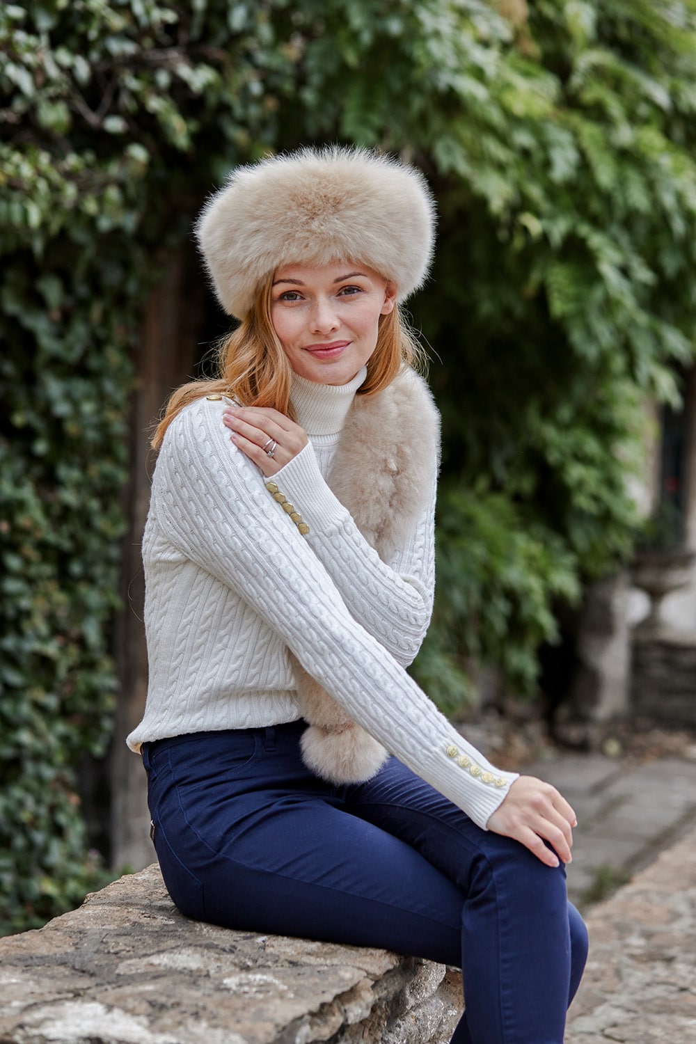 Luxurious champagne-colored alpaca fur headband by Lacorine, featuring soft plush material and stylish design for cold weather wear.