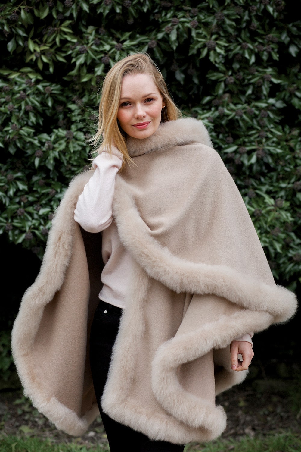 Taupe Annabelle Fur Trimmed Alpaca Cape by Lacorine, featuring soft alpaca fabric with luxurious fur trim and elegant design.