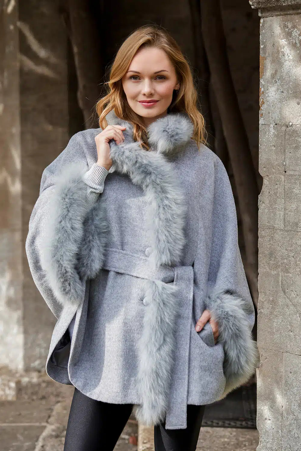Silver-grey Lucia fur-trimmed alpaca coat by Lacorine, featuring a stylish design and cozy fur accents on the collar.