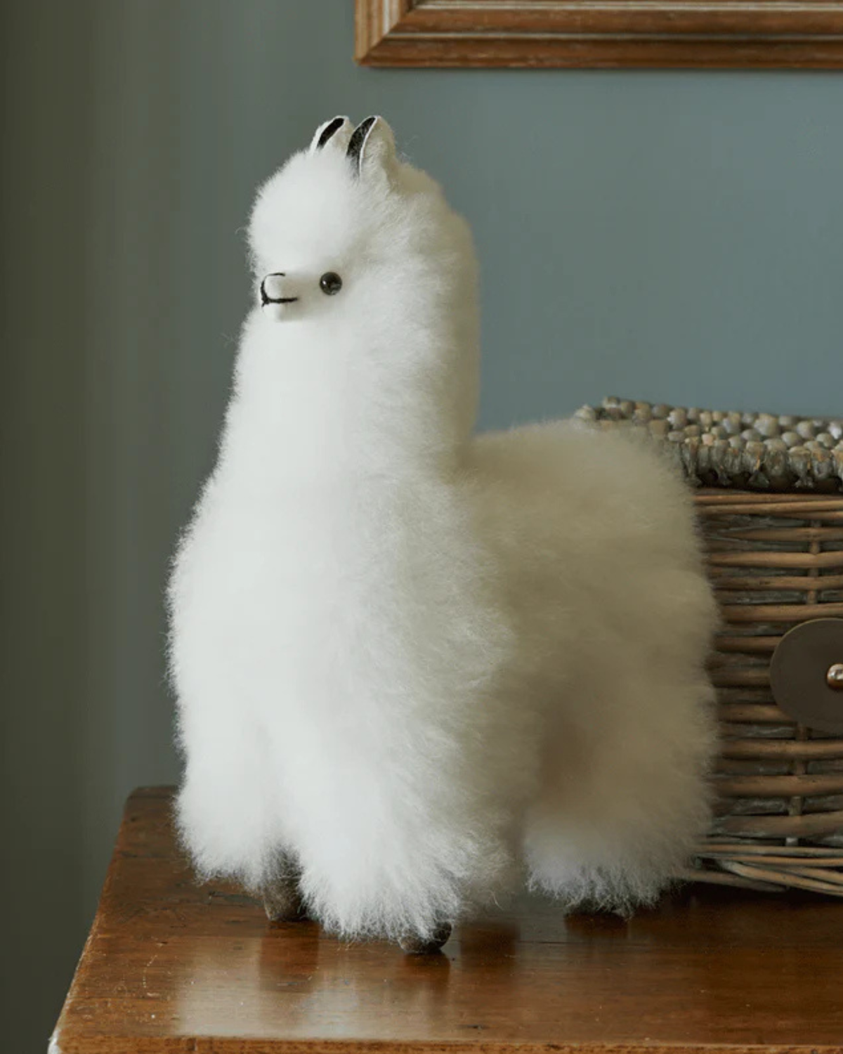 White Lacorine alpaca collectible featuring soft baby alpaca fur, designed as a charming decorative figurine.