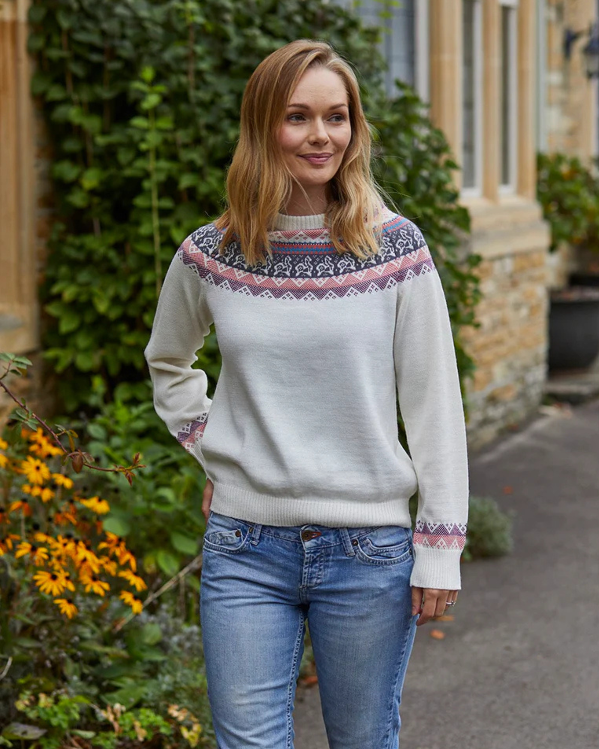 Lacorine Fair Isle alpaca jumper featuring traditional knit pattern in soft, warm wool with ribbed cuffs and neckline.