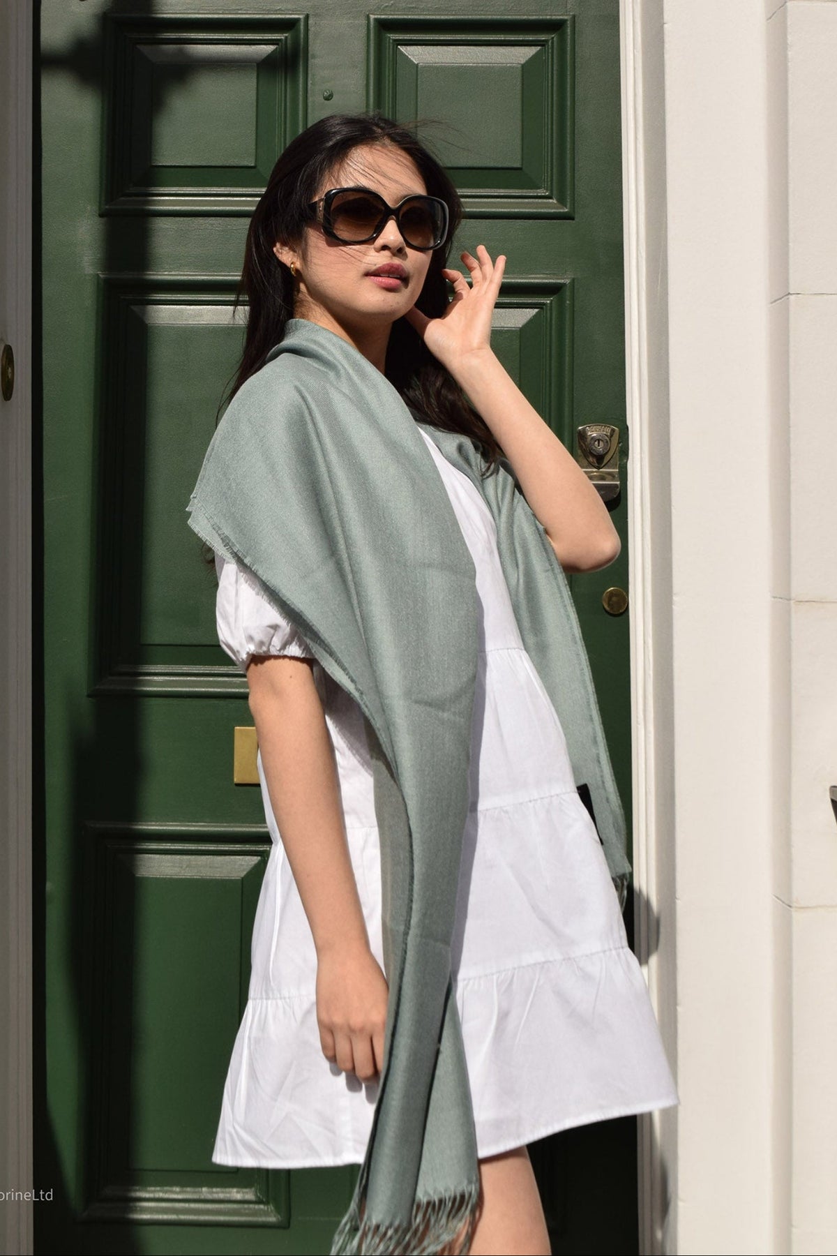 Frost green Lacorine Signature Pashmina knitwear, showcasing soft, luxurious fabric and elegant drape for sophisticated style