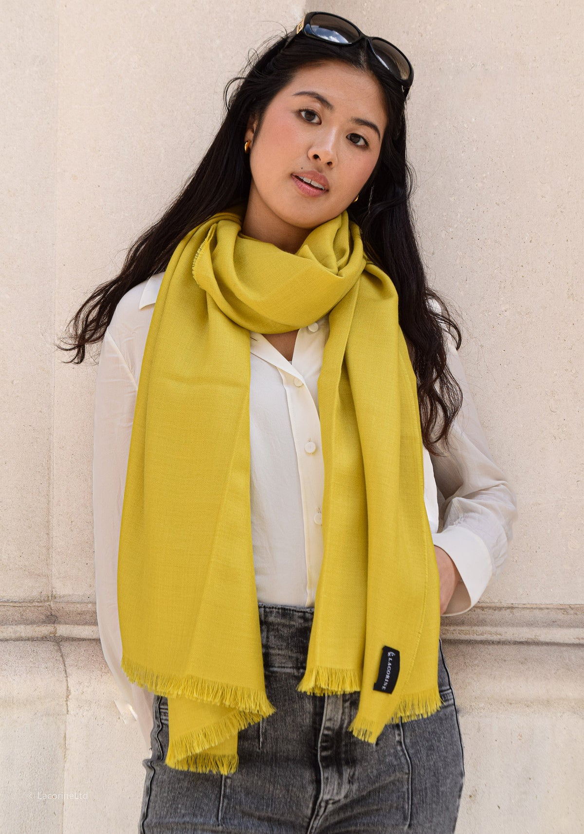 Yellow Lacorine Royal Alpaca Pashmina knitwear styled for a cozy, elegant look with soft, luxurious fabric.