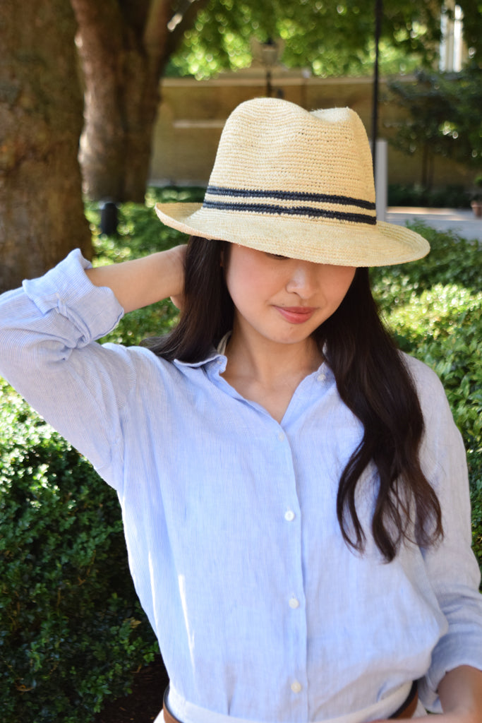 Lacorine unisex Panama hat with a wide brim and classic trilby style, featuring a woven straw texture and a black band.