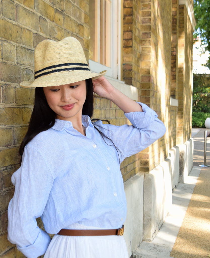 Lacorine unisex Trilby Panama Hat with wide brim and woven straw texture, stylish accessory for sun protection and casual wear.