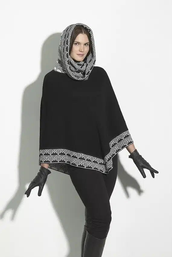 Black and white women's Valentina Alpaca Poncho by Lacorine, showcasing cozy, stylish alpaca knit with a relaxed fit.