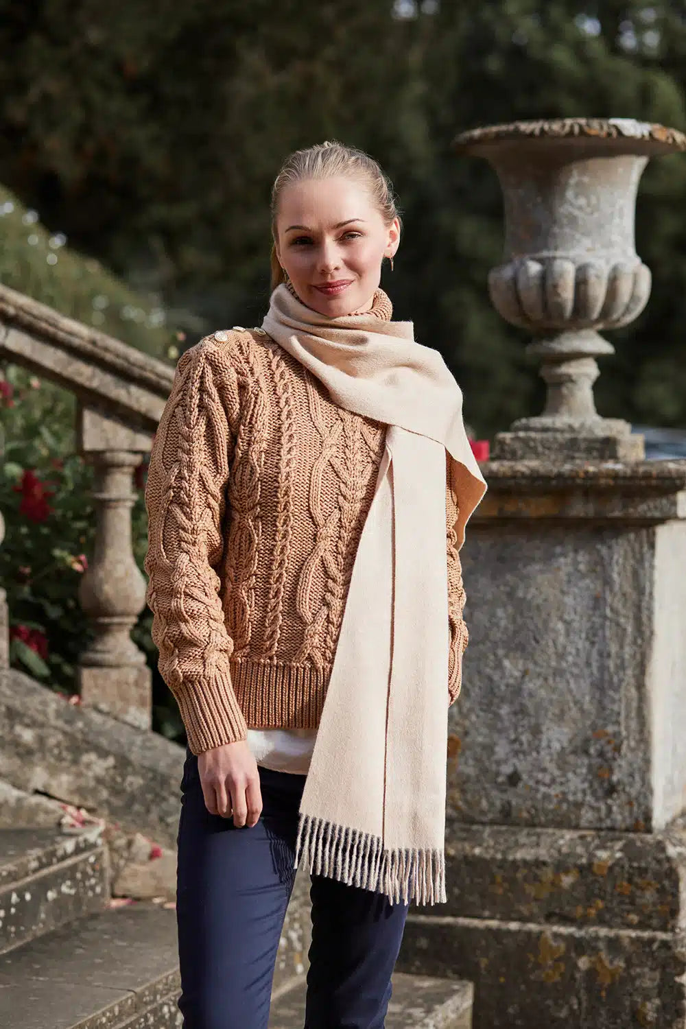 Lacorine fine alpaca knit scarf in light camel color, soft and cozy wool scarf with detailed knit texture, ideal for winter warmth.