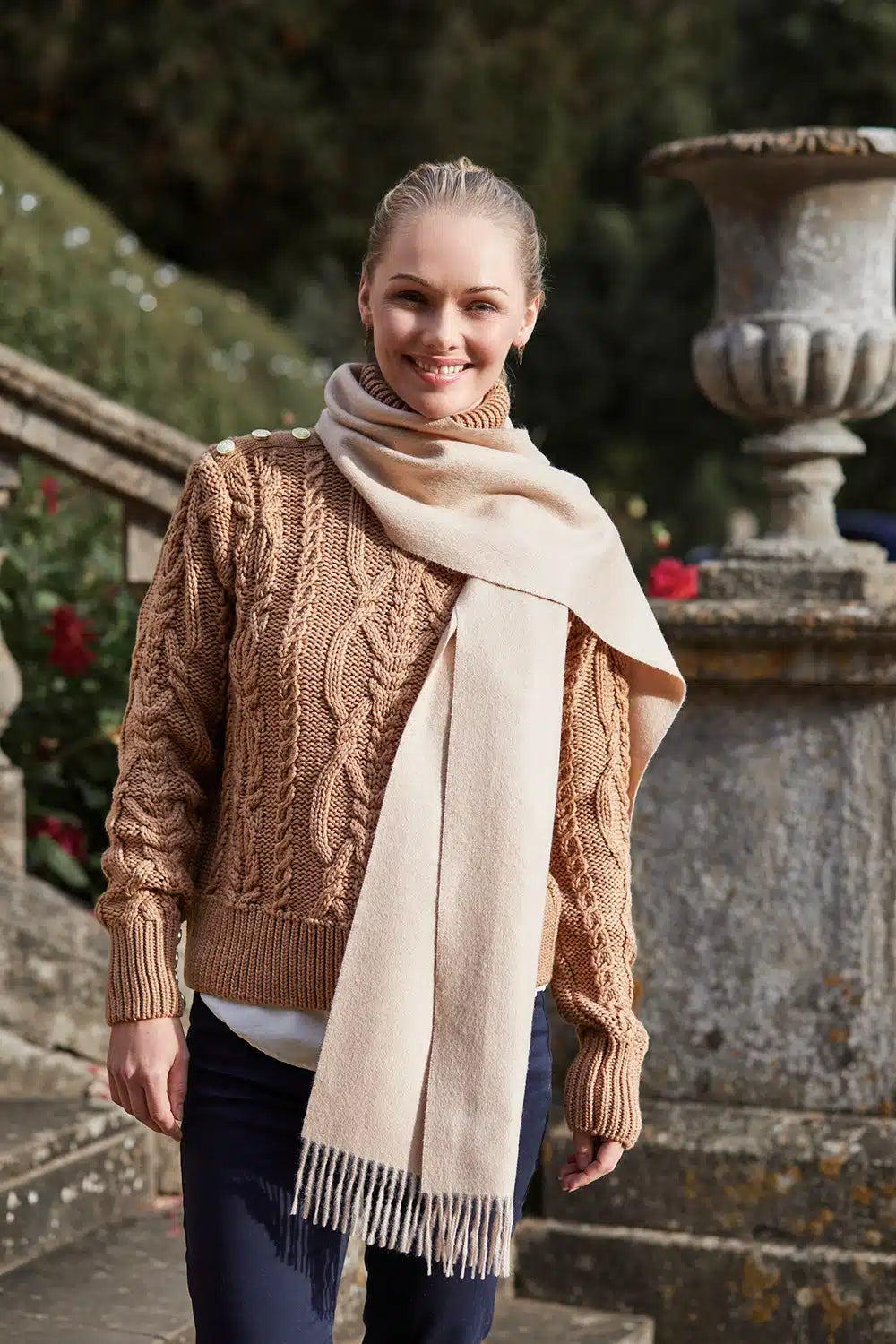 Lacorine fine alpaca knit scarf in light camel color, featuring soft, cozy wool texture perfect for cold weather.