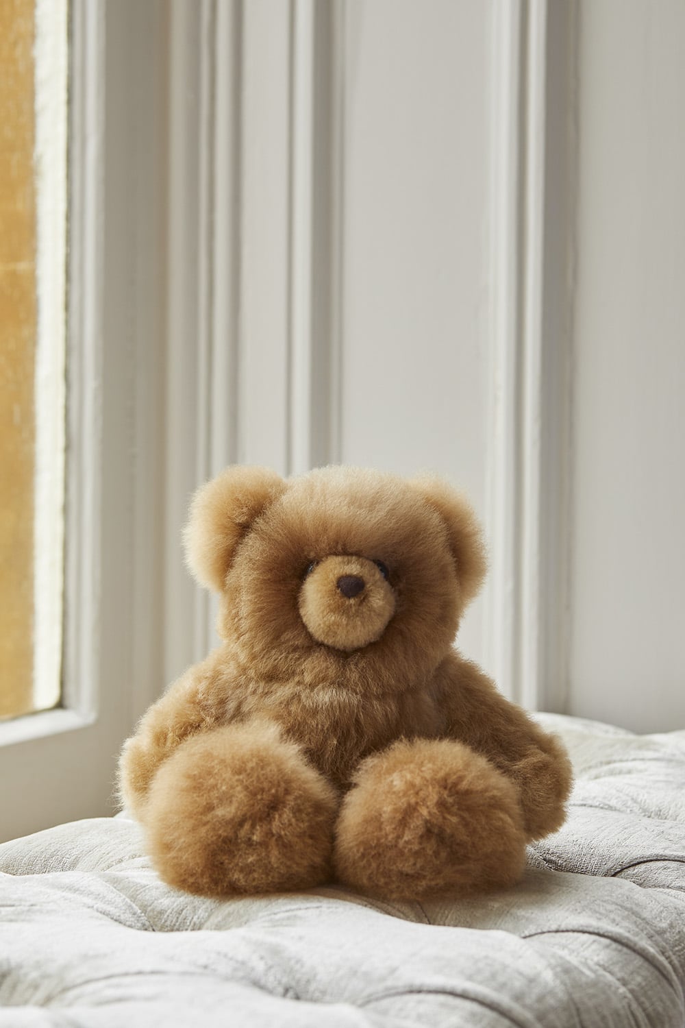 Brown Lacorine Super Luxe Corinne alpaca fur teddy bear with soft, fluffy texture, perfect for cuddling and decorative display.
