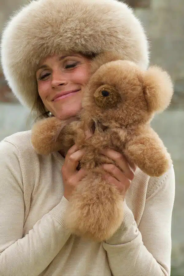 Lacorine Super Luxe Corinne alpaca fur teddy bear in rich coco brown, soft plush toy with detailed fur texture.