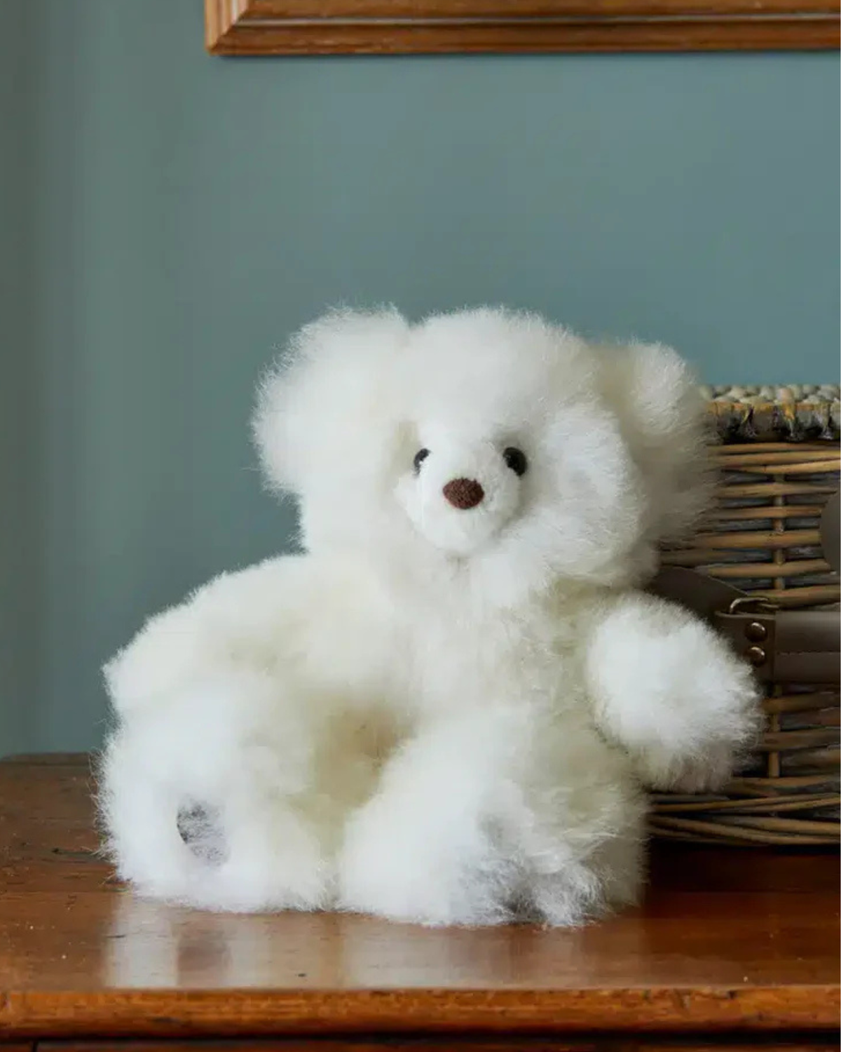 White Super Luxe Corinne Alpaca Fur Teddy Bear by Lacorine, plush and soft with detailed features, made in Peru.