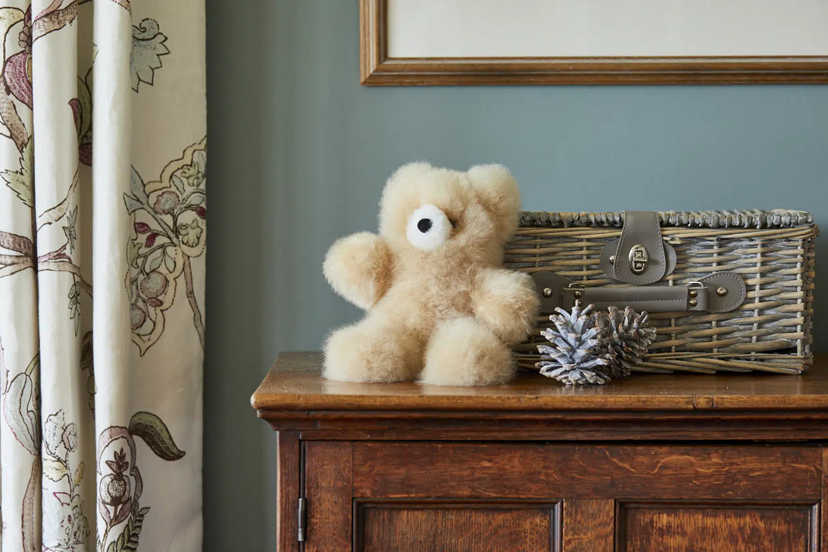 Lacorine Classic Charles alpaca fur teddy bear in champagne color, soft plush toy with detailed craftsmanship.