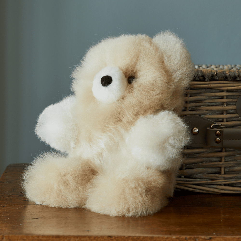 Lacorine Classic Charles alpaca fur teddy bear with marbled plush, soft and cuddly, ideal as a decorative or collectible toy.