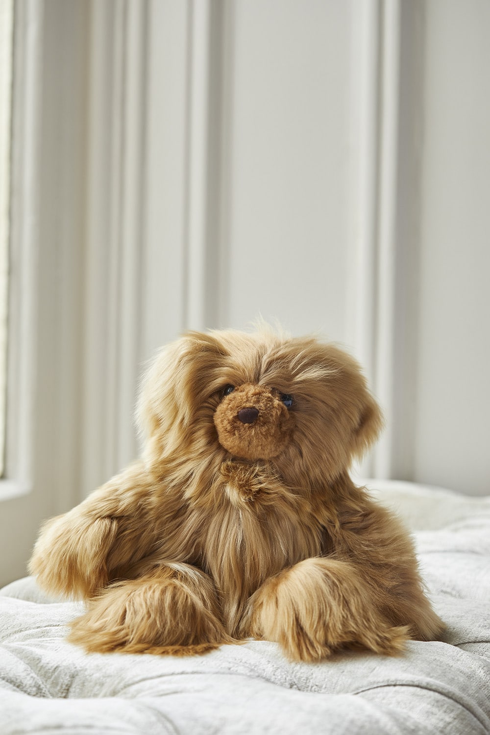 Medium camel Rocco Teddy Bear by Lacorine, plush alpaca material, soft and cuddly with detailed stitching and adorable facial features.