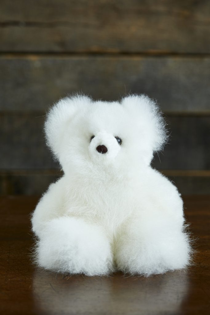 Mini Louis Alpaca Fur Teddy Bear by Lacorine, soft white plush toy with adorable features, perfect for cuddling.