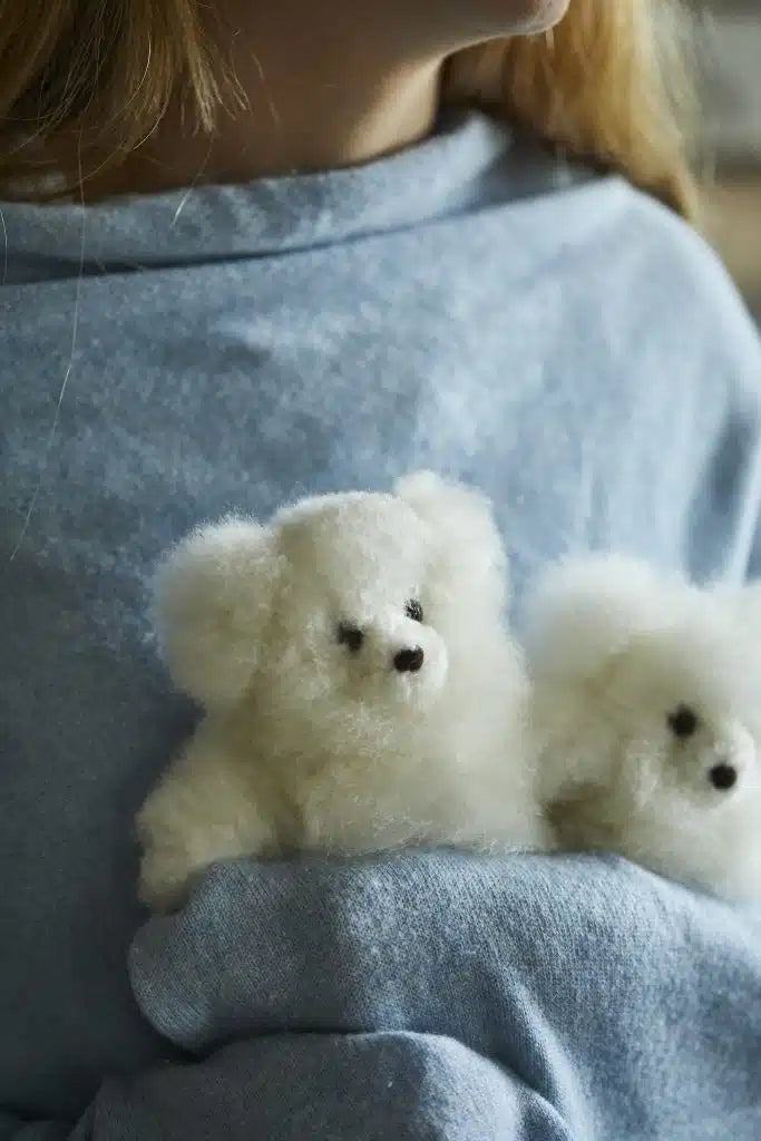 White Mini Louis Alpaca Fur Teddy Bear by Lacorine, soft plush toy with adorable features and luxurious fur.